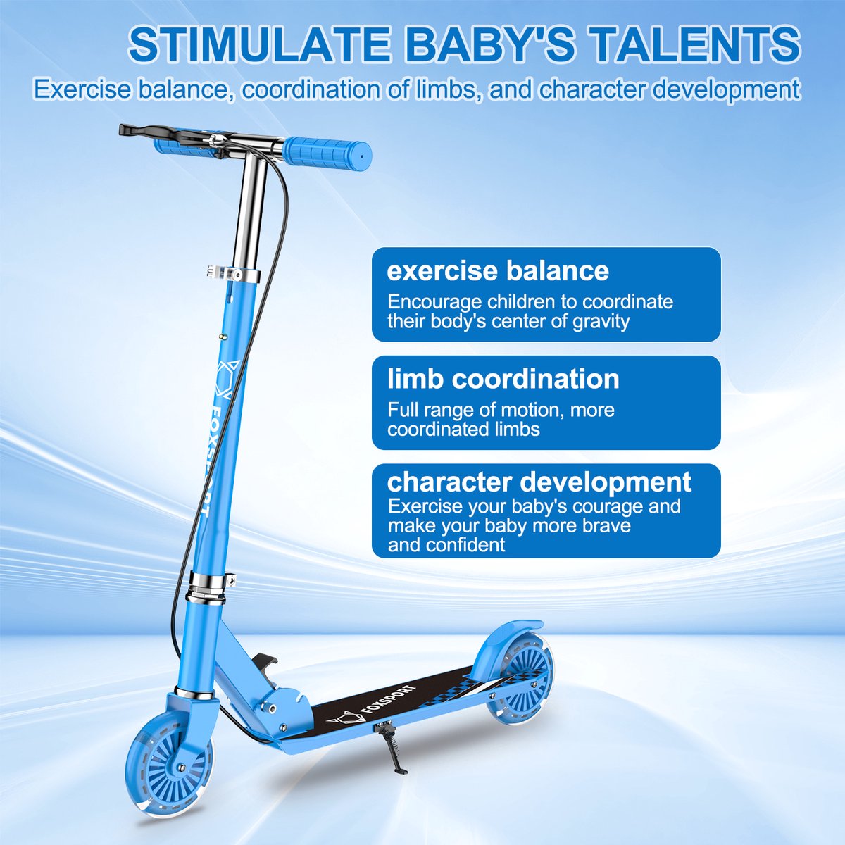 OFMOTRA Kinderstep - Scooter - met LED wielen - Opvouwbaar - Drie instelbare hoogte - met voetrem en handrem - Draagkracht tot 100 kg - Blauw — afbeelding 2