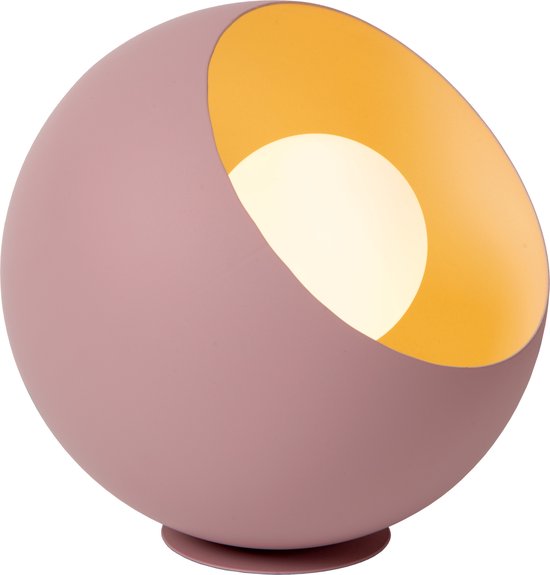 Lampe de table sphérique rose, l'ouverture tournée vers le spectateur.