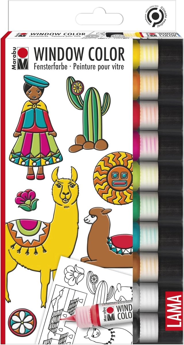 Creatieve raamverf set voor kinderen - 10 x 25 ml met 16 Lama motieven