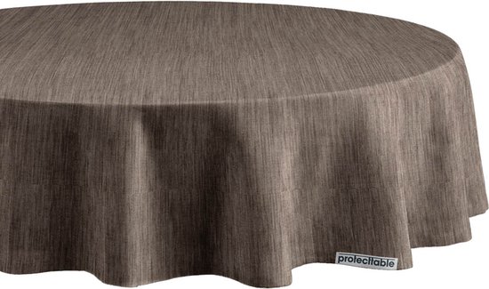 Nappe en toile cirée aspect lin marron avec un subtil motif rayé, drapée sur une table ronde.