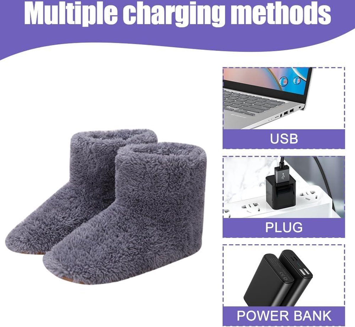 Voetwarmer, elektrische, verwarmde voetwarmer, USB-oplaadbare voetwarmer, pluche, verwarmbare pantoffels voor dames en heren, voor binnen en buiten