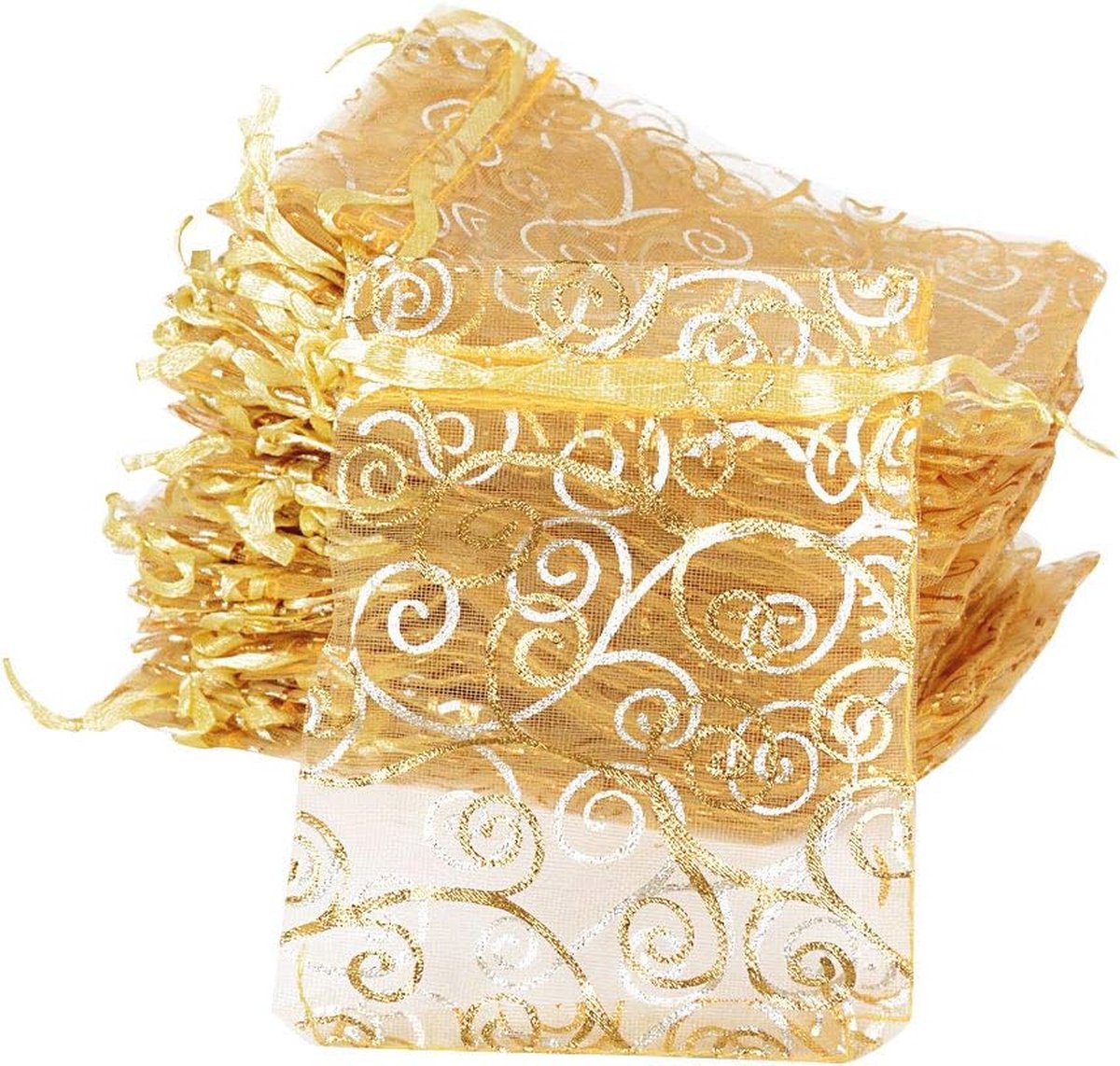Organzazakjes 8 x 11 cm - 100 stuks - Geschenkzakjes voor Bruiloft, Kerstmis en Feestjes - Luxe Organza Zakjes met Gouden Patroon