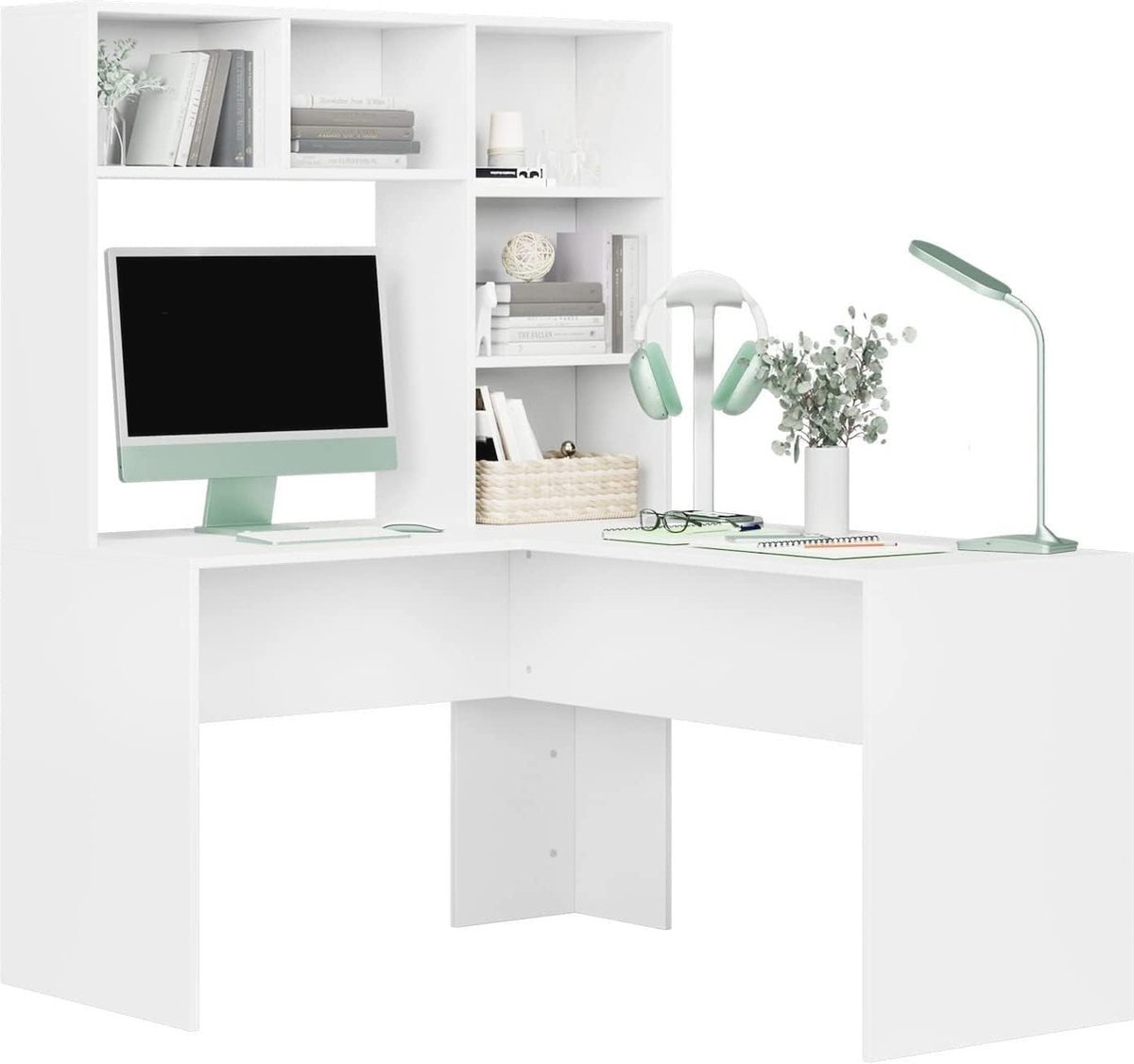 L-vormig computerbureau met opbergplanken - Wit houten bureau voor kantoor en studeerruimte