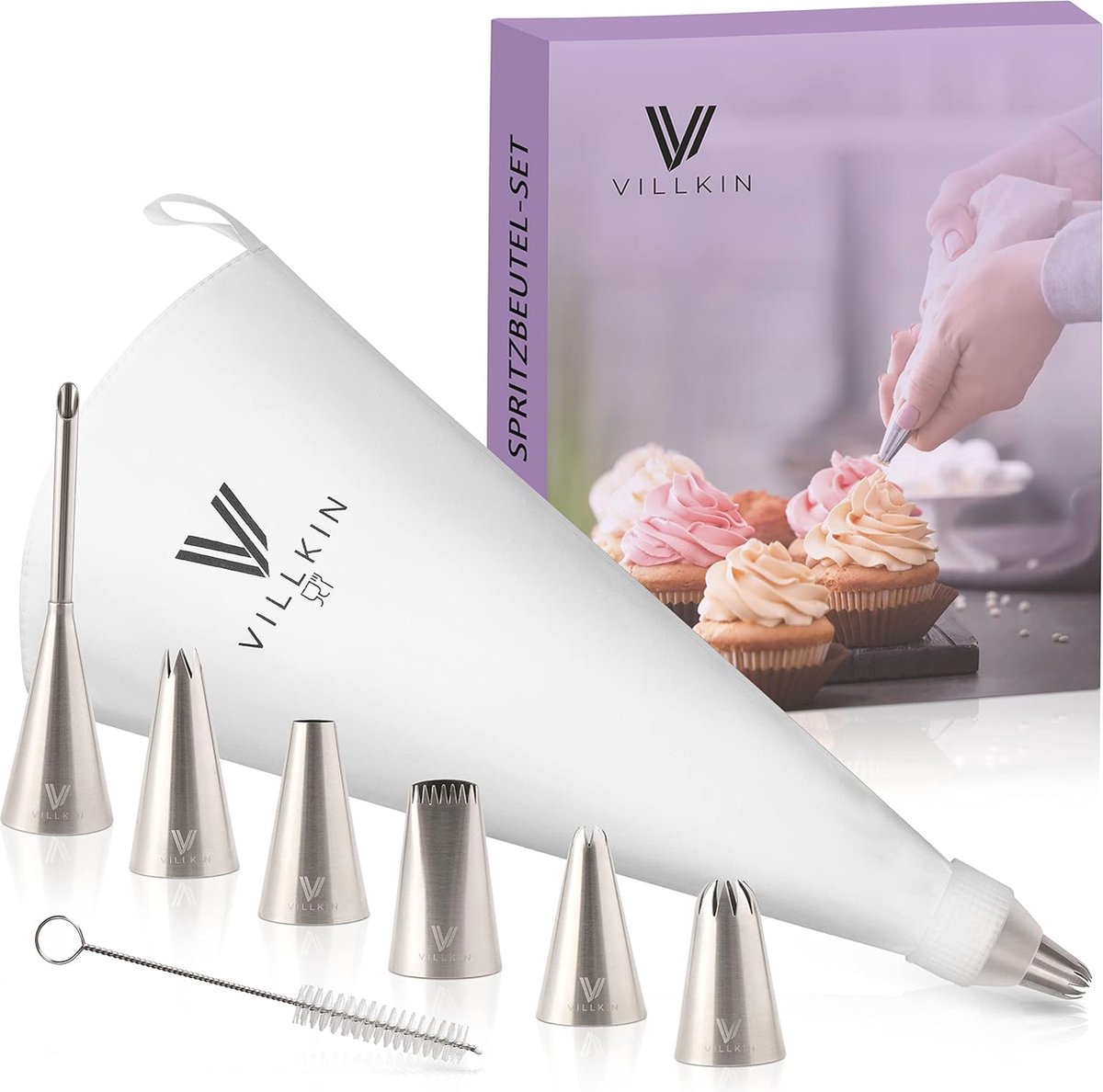 9-delige spuitzakset met 6 roestvrijstalen spuitmonden en 34 cm spuitzak - Herbruikbaar en vaatwasmachinebestendig voor het decoreren van taarten, cakes en koekjes