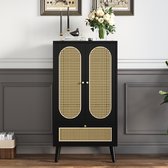 Bol.com Gutent Opbergkast Zwart Compact Eetkamer Dressoir (1.1m) Rotan Ontwerp 2 Deuren 1 Lade Hoge Kast Eetkamerkast Boekenkast... aanbieding