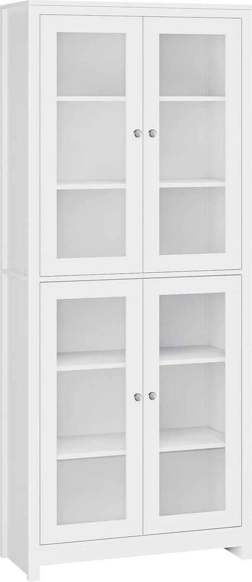Vitrinekast 190 cm - Hoogwaardige Boekenkast met 4 Glazen deuren voor Woonkamer, Keuken en Kantoor - Ruime Opbergruimte