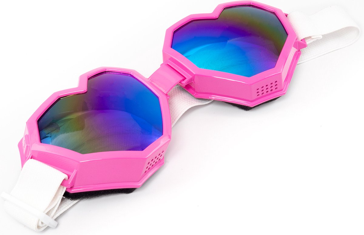 KIMU® Goggles Hartjes Skibril - Bril Roze Wit Montuur - Oliekleurige Spiegelglazen - Burning Man Hart Valentijn Ski Spacebril Dames Love Festival