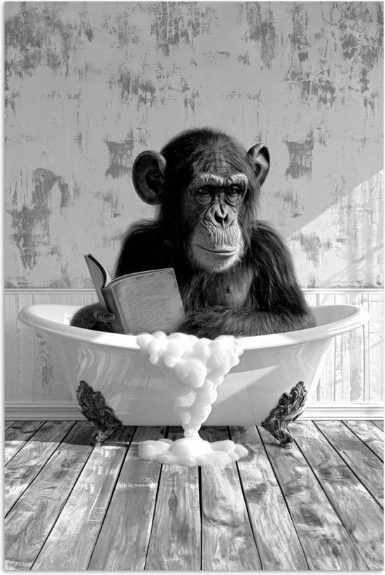 Poster 60x90 cm - Vintage - Aap - Badkuip - Schuim - Dier - Posters - Wanddecoratie badkamer - Muurdecoratie WC - Decoratieve accessoires - Toilet muur decoratie