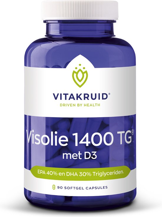 Blauwe pot met witte dop, met Vitakruid logo en "Visolie 1400 TG met D3" etikettering