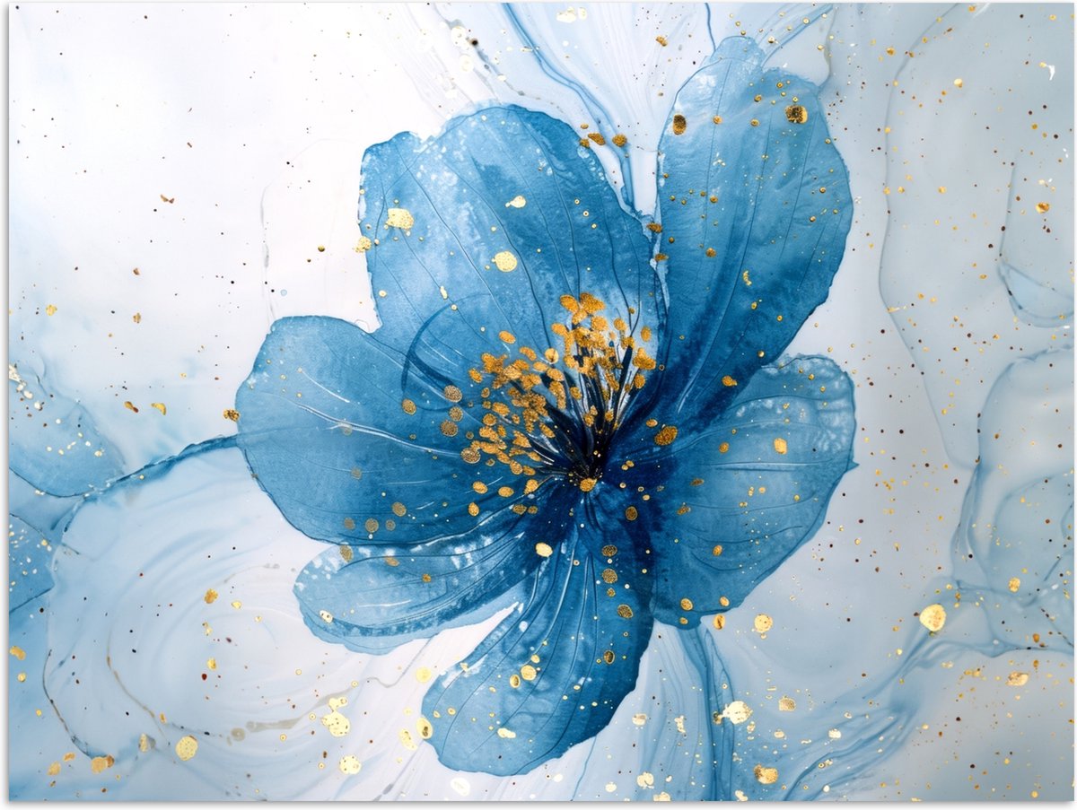 Poster 80x60 cm - Bloemen - Blauw - Goud - Watercolor - Modern - Posters - Wanddecoratie b