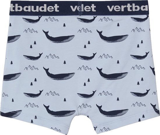 Boxers garçon bleu clair avec un imprimé all-over de baleines bleu marine, de montagnes et de petits arbres. Ceinture bleu marine avec logo "vertbaudet".