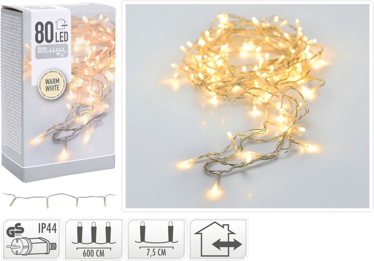 Kerstverlichting - 80 led lampjes - warm wit - 6 meter - lichtsnoer - transparant snoer