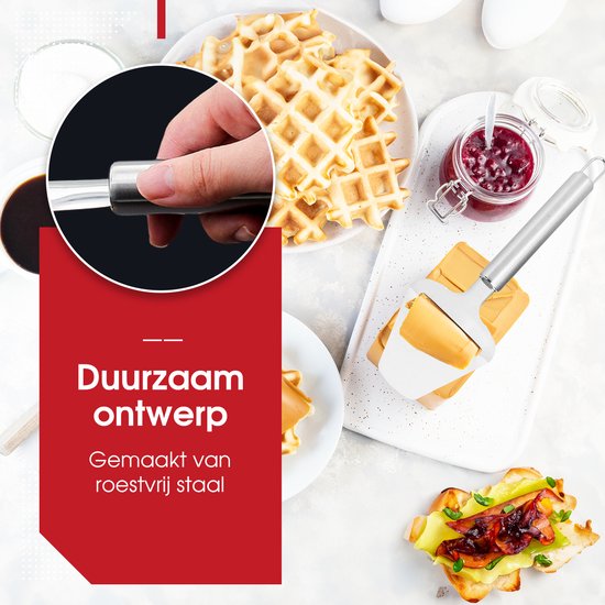 Kaasschaaf snijdt kaas op een wafel. "Duurzaam ontwerp, Gemaakt van roestvrij staal"
