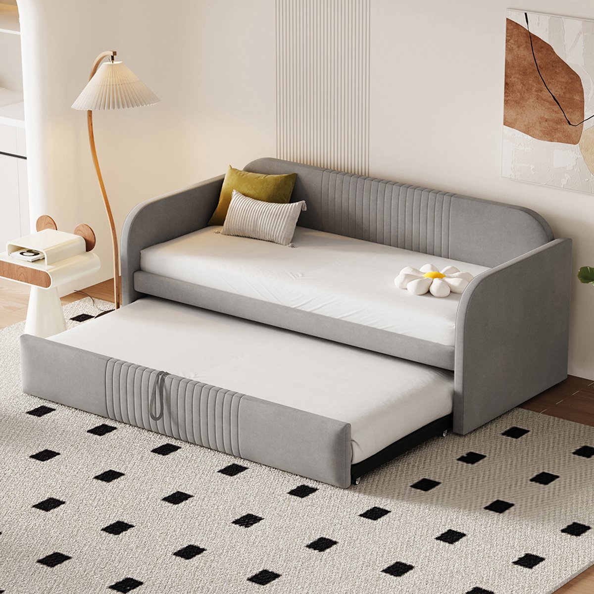 KOMHTOM Slaapbank Uitschuifbare Bedbank 90/180x190 cm met verticale strepen met lattenbodem linnen stof lichtgrijs