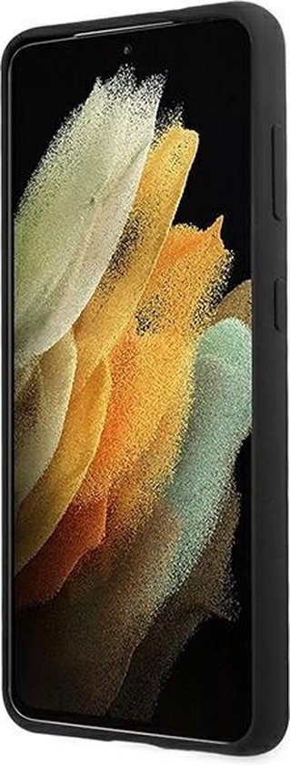 Zwarte case om een telefoon met abstracte kleuren. De case heeft een gladde afwerking.