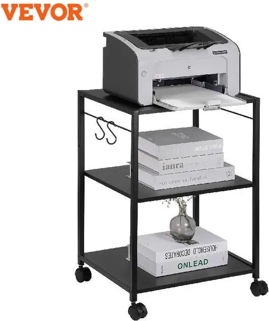 PUNCIA 60 x 50 x 75 cm, 3 niveaus printertafel met opslag, rollende kar met verstelbare opbergplank voor thuiskantoororganisatie, standaard voor warmtepers, 3D- printer (wit
