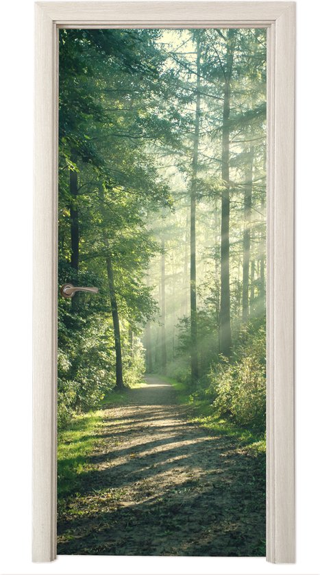 Deurposter 90x235 cm - Deursticker Bos - Pad - Zon - Bomen - Groen - Natuur - Meubelfolie zelfklevend - Deurfolie woonkamer - Interieurfolie fotobehang - Deur plakfolie - Deurstickers - Deurbehang sticker - Kamer decoratie