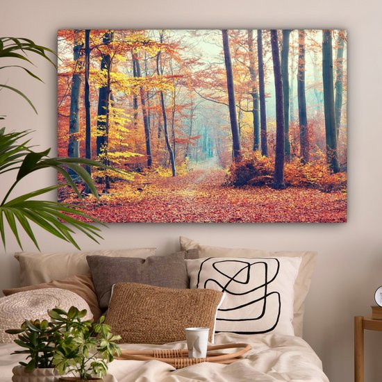 Toile Peinture Forêt - Automne - Feuilles - 120x80 cm - Décoration murale