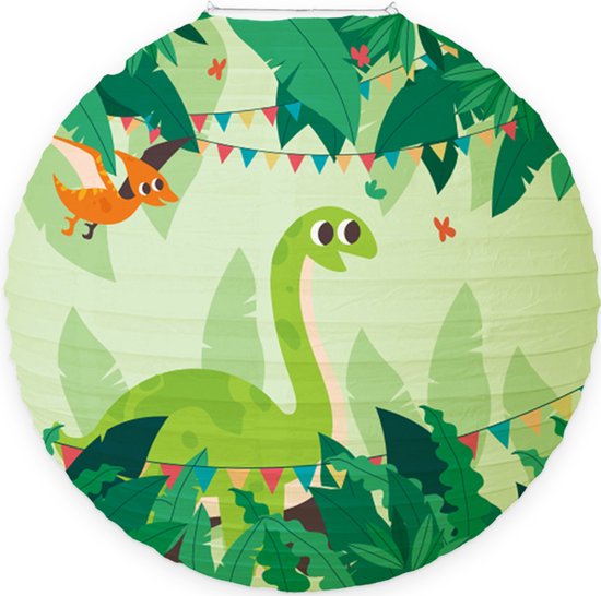 Groene lampion met dinosaurussen en tropische bladeren.