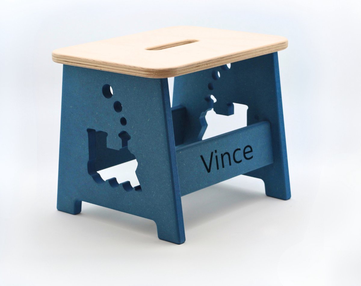 Houten kruk voor kinderen met eigen naam - Kinderkruk - Opstapje - Blauw - Trein - Gepersonaliseerd cadeau