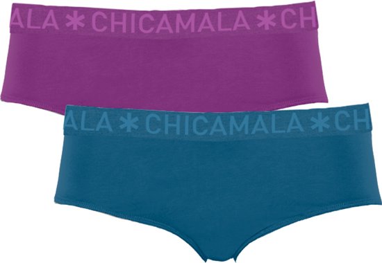 Twee hipster onderbroeken voor meisjes, één paars en één petrolblauw, beide met 'CHICAMALA' tailleband.