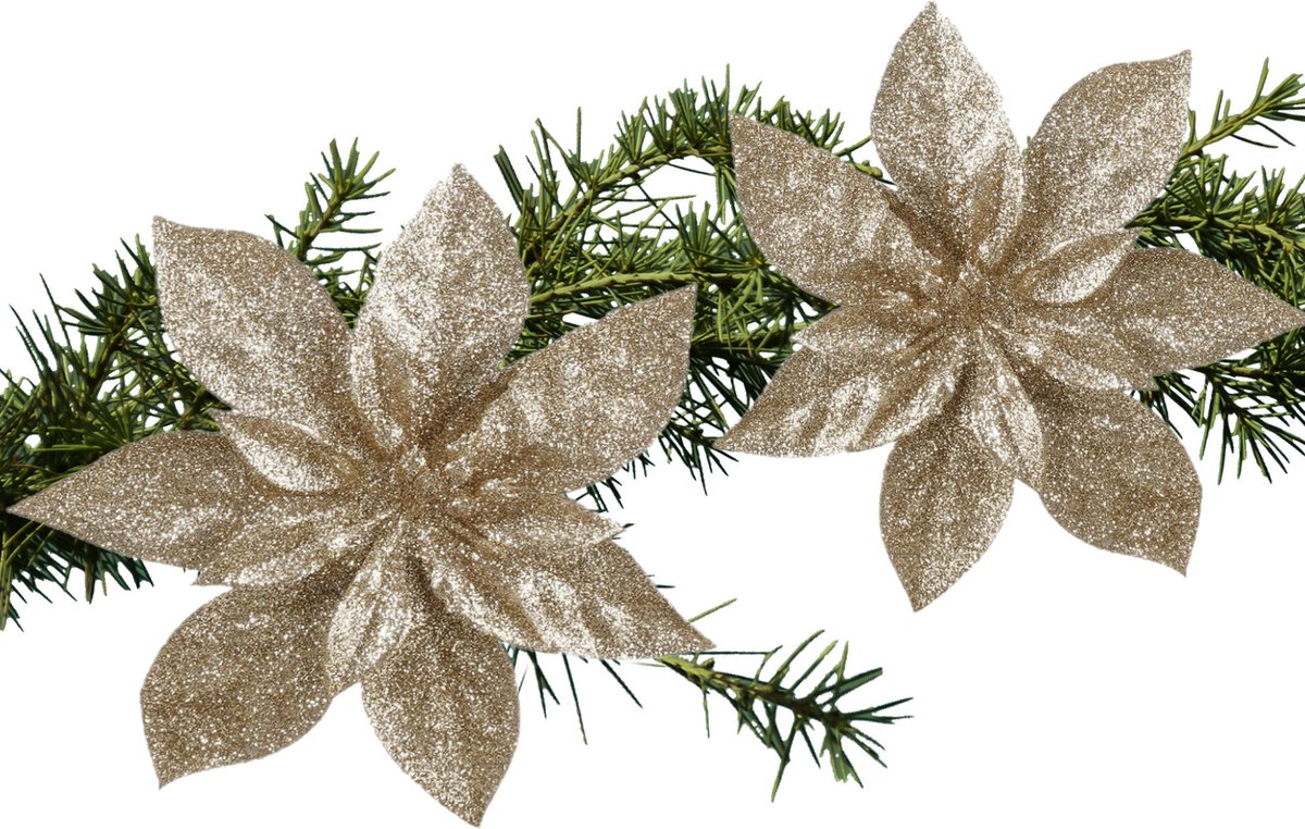 House of Seasons Decoratie bloemen op clip - 4x stuks - champagne - polystyreen - kerstornamenten