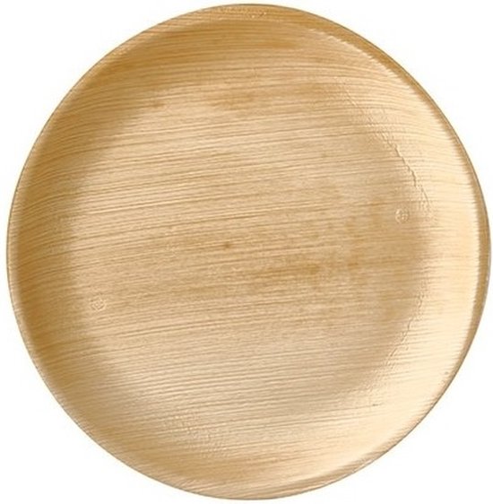 Een rond, lichtbruin palmblad bord met een fijne nerfstructuur.