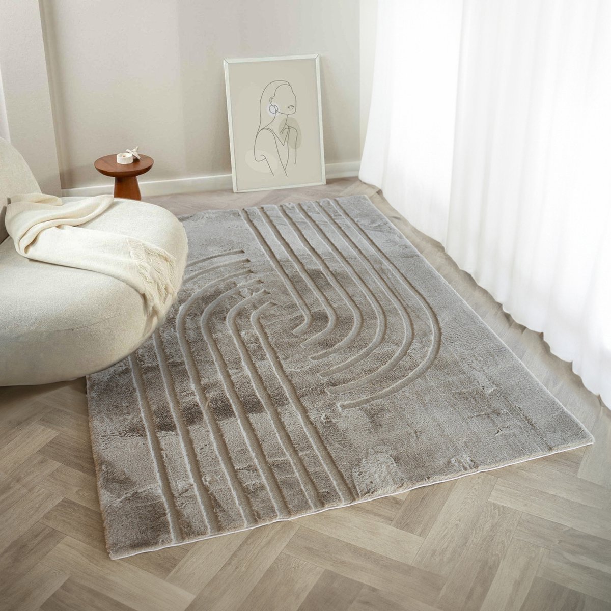 flycarpets Japandi hoogpolig vloerkleed - Bohemian Arches Taupe - Woonkamer tapijt - 160x230 cm