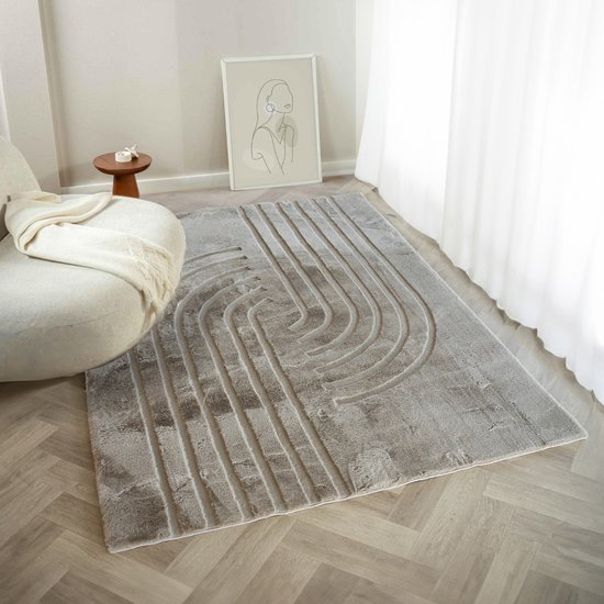 Foto: Flycarpets japandi hoogpolig vloerkleed bohemian arches taupe woonkamer tapijt 160x230 cm