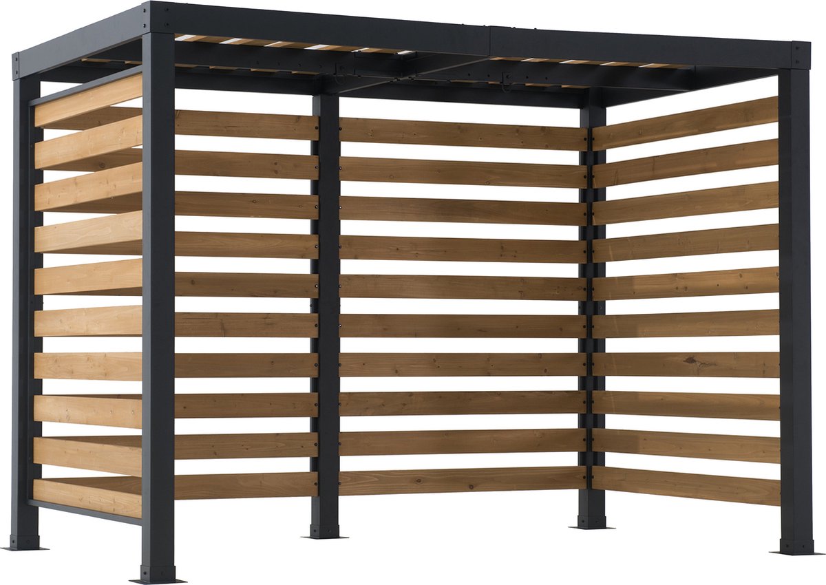 Pergola met zwart stalen powder coated frame en rondom cedarhout lamellen 313x191cm