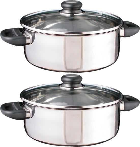 Roestvrijstalen kookpan met glazen deksel, 2,1 l/18 x 14 cm, universele kookpan met handgrepen, pan voor noedels, soepen, sauzen, aardappelen, voor alle warmtebronnen, vaatwasmachinebestendig
