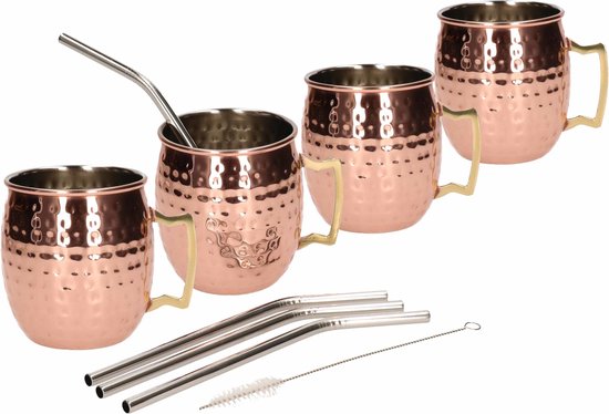 Lot De 4 Gobelets Moscow Mule En Acier Inoxydable 500ml - Kit Complet Avec Accessoires (Bronze)