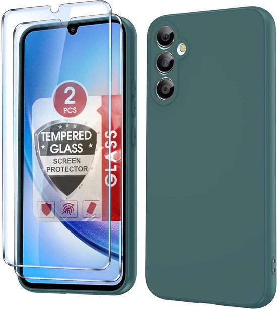 Hoesje geschikt voor Samsung Galaxy A35 siliconen hoesje Pine Groen zacht TPU backcover - Met gehard glas screenprotector - 2 stuks