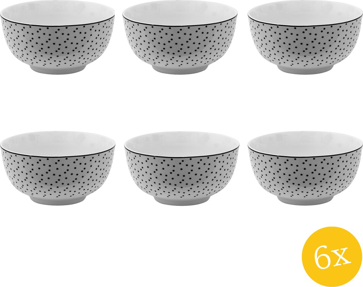 Clayre & Eef Soepkom set van 6 stuks 500 ml Wit Zwart Porselein Serveerkom