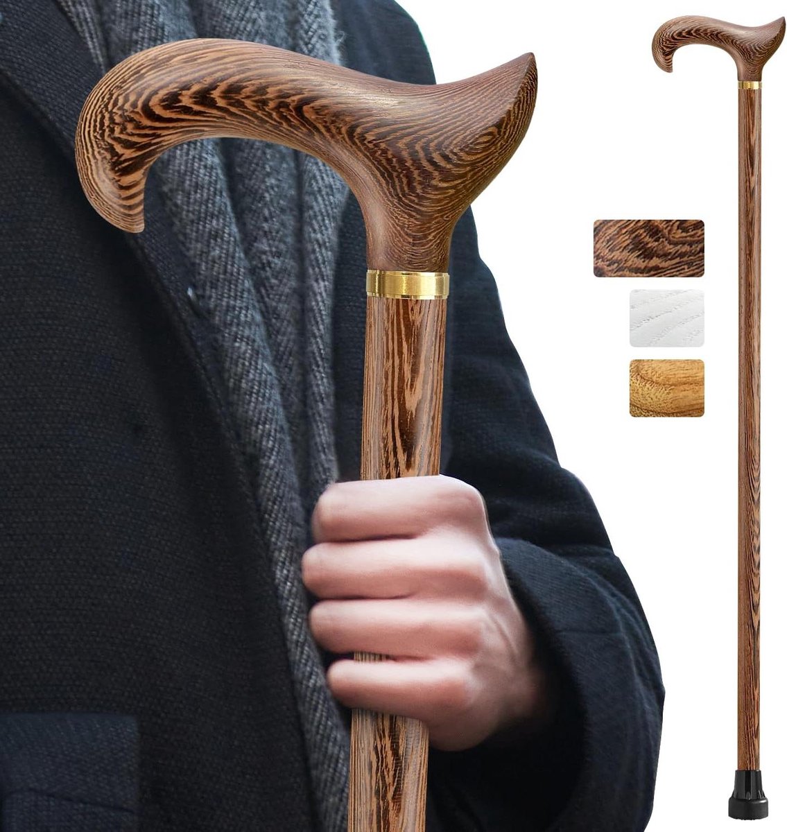 Wandelstok handgemaakt van natuurlijk massief hout voor dames en heren - ergonomische derby-high-end wandelstok met 226 kg belastbaarheid - geschikt als cadeau voor senioren