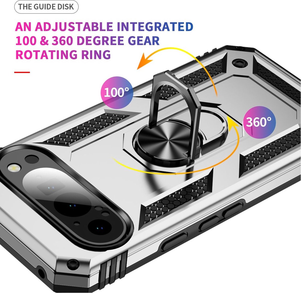 Mobigear Hoesje geschikt voor Google Pixel 9 Telefoonhoesje Hardcase | Mobigear Armor Ring Backcover Shockproof met Ringhouder | Schokbestendig Pixel 9 Telefoonhoesje | Anti Shock Proof - Zilver