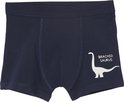 Donkerblauwe boxer met een witte Brachiosaurus-print rechts.