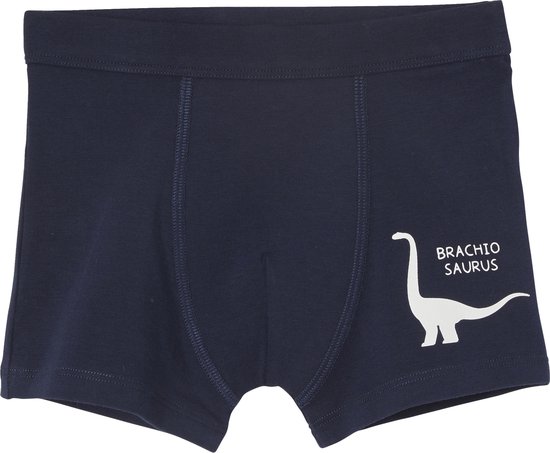 Donkerblauwe boxer met een witte Brachiosaurus-print rechts.