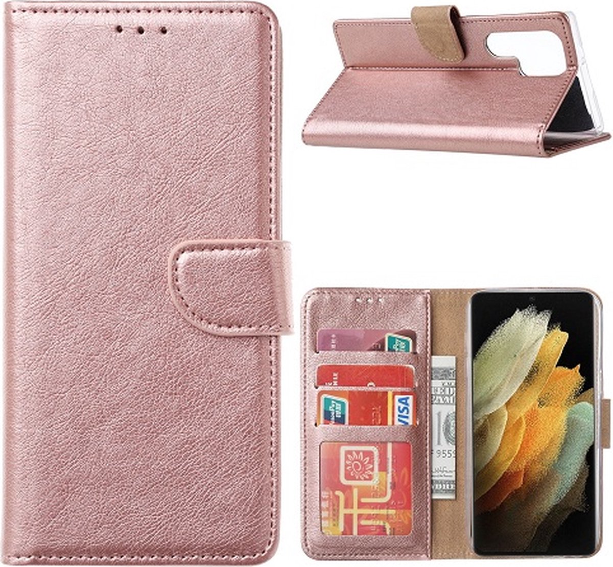 Samsung S22 Ultra Hoesje Met Pasjeshouder Bookcase Rose Goud