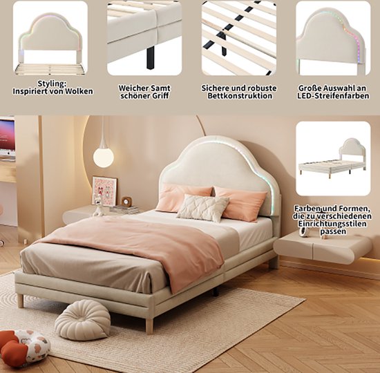 Gestoffeerd bed met hoofdbord in de vorm van een wolk - bed van fluweelstof met