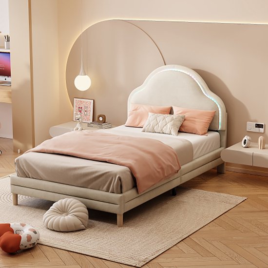 KOMHTOM Kinderbed bed met wisselende veelkleurige LED-strips kinderbed met houten lattenbodem Eenpersoonsbed 90x200 cm beige fluweel
