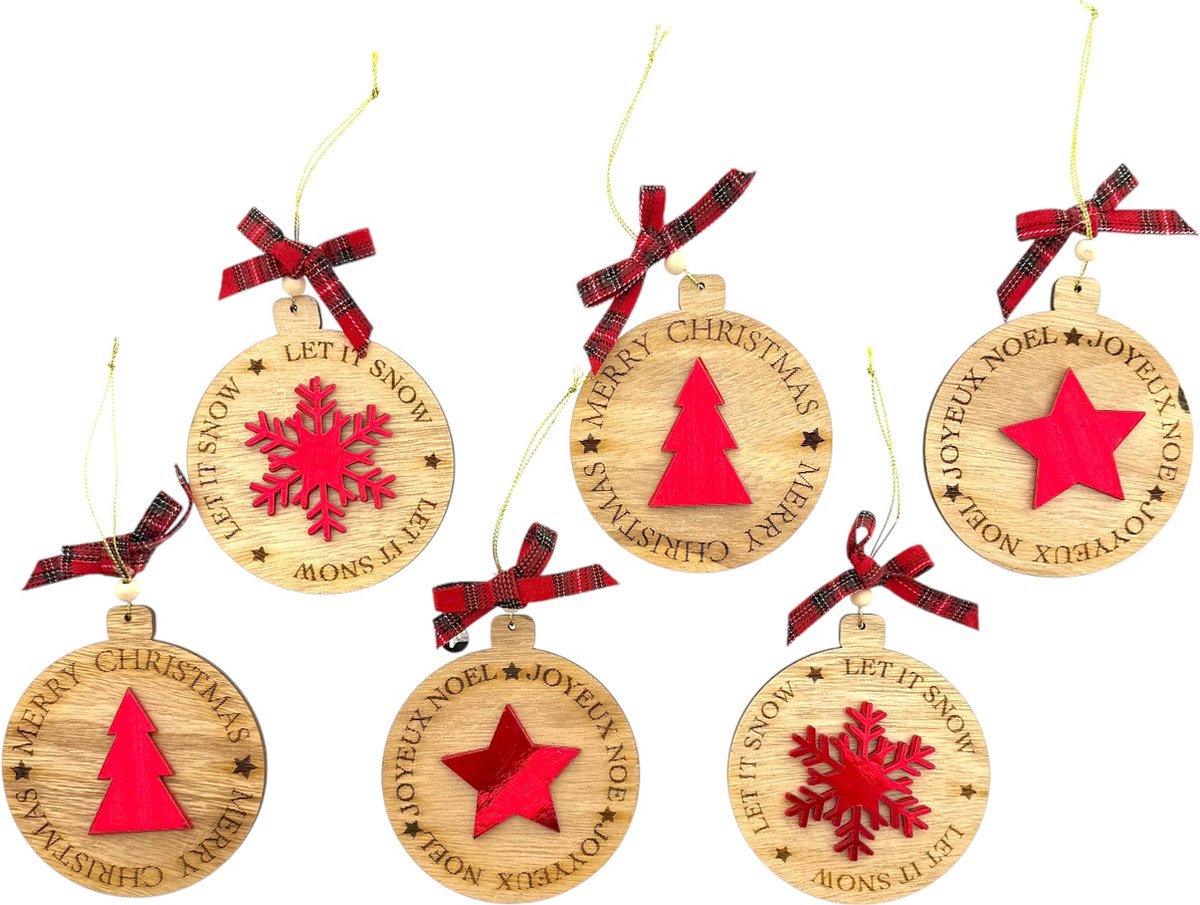 6 Houten Kersthangers in giftbox - pendants - 11 x 10 cm - Bruin/-Rood