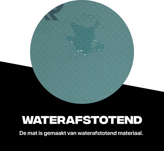 Turquoise yogamat met waterdruppels, met de tekst WATERAFSTOTEND.