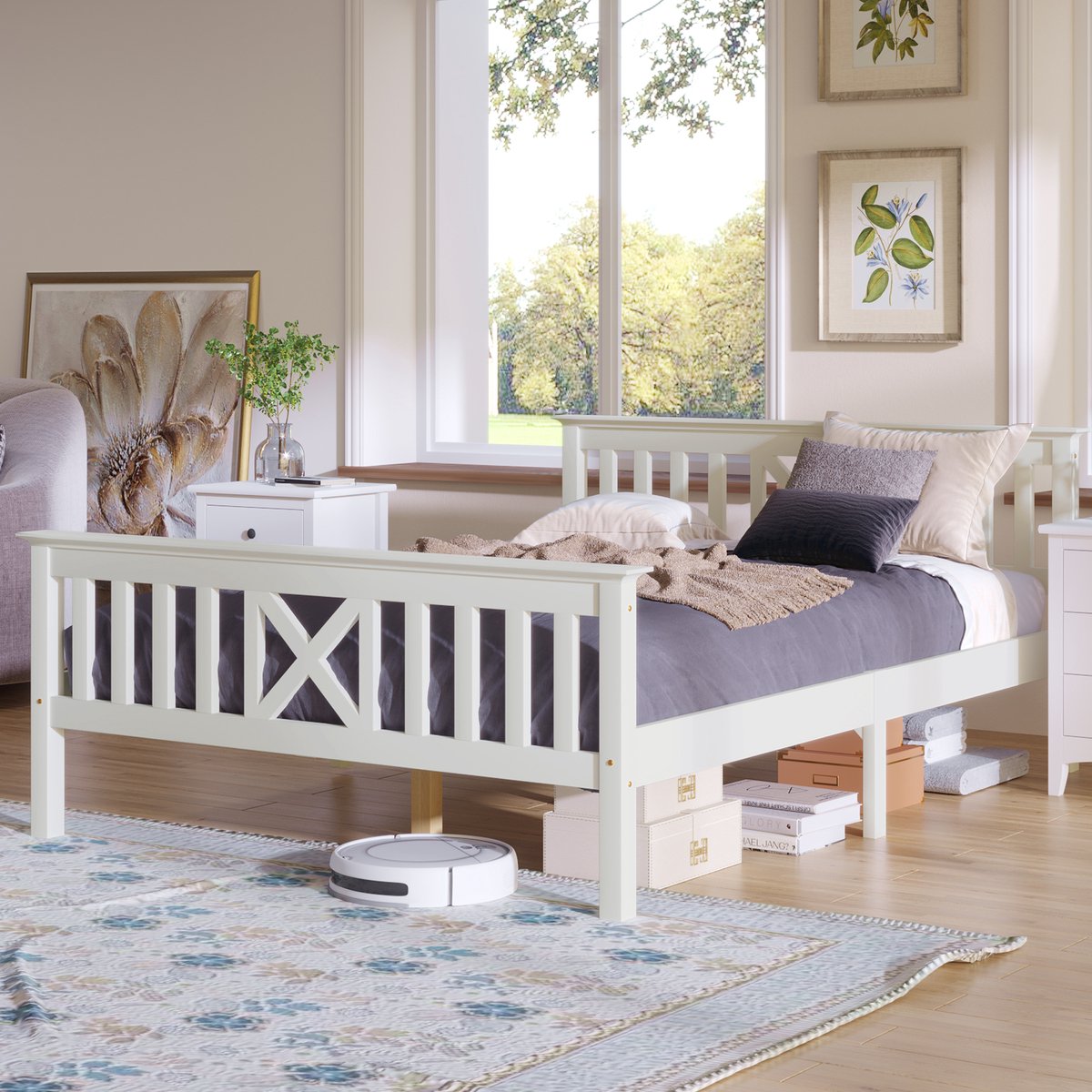 Gutent Massief Houten bed, Wit (zonder matras), Tweepersoonsbed, Gemaakt van een Bedframe met latten Massief houten bed met hoofdeinde, 140 x 200 cm Massief houten kinderbed Juniorbed, massief grenenhout
