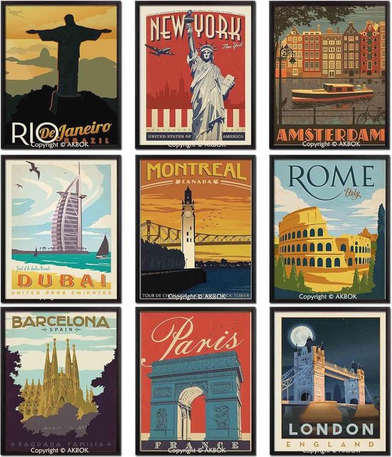 Collage de neuf posters de voyage vintage : Rio de Janeiro, Barcelone, Amsterdam, Dubaï, New York, Rome, Paris, Londres et Montréal.