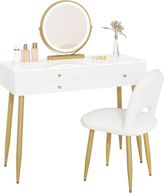 Luxe kaptafel met LED-spiegel en kruk – Uitschuifbare ladekast en bureau in één