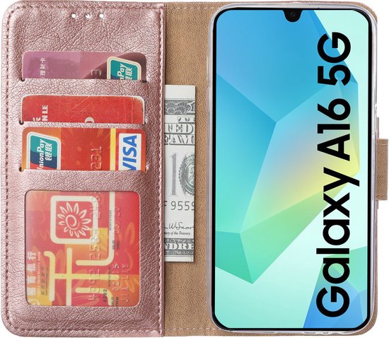 BixB Étui avec Protecteur d'écran Adapté pour Samsung Galaxy A16 5G - Étui Livre avec Porte-Cartes - Or Rose