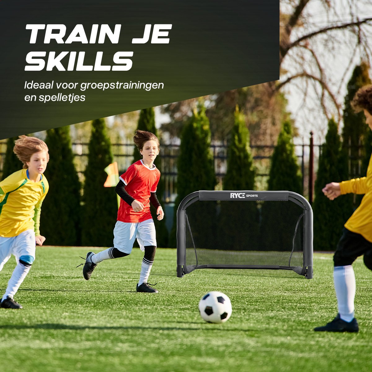 Ryce® Voetbaldoel Staal - 90 x 60 x 60 - Inklapbaar - Kinderen - Voetbal trainingsmateriaal - spullen - Goals - Zwart — afbeelding 6