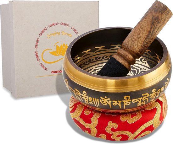 Klankschaalset met lepel en kussen in loktapapier geschenkbox - Tibetaanse Singing Bowl uit Tibet Mystic Black van Purityजर༄ — afbeelding 4
