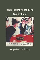 Boekcover: "The Seven Dials Mystery" van Agatha Christie. Mannen met klokken op hun hoofd en een vrouw met parelketting staan achter een tafel.